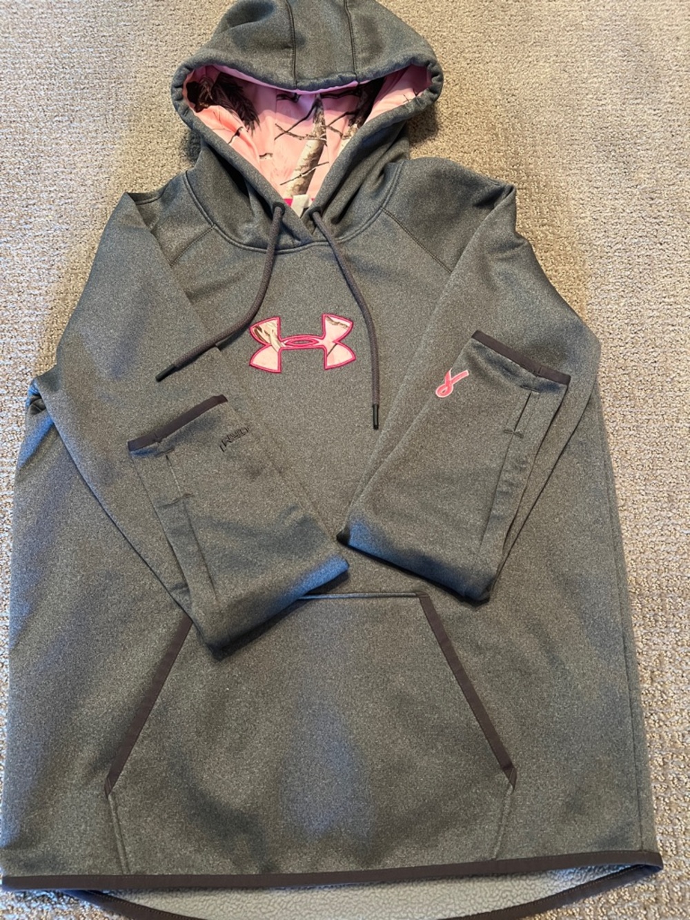 Under Armour Charcoal Gray Hoodie with Pink Logo & Lined Hood